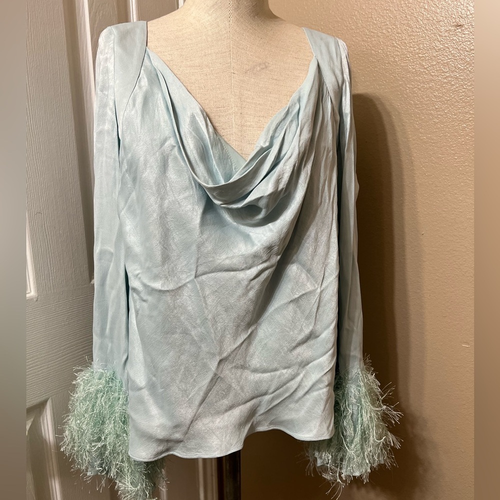 ASOS Light Blue satin Feather Cuff Draped Women's Top size L